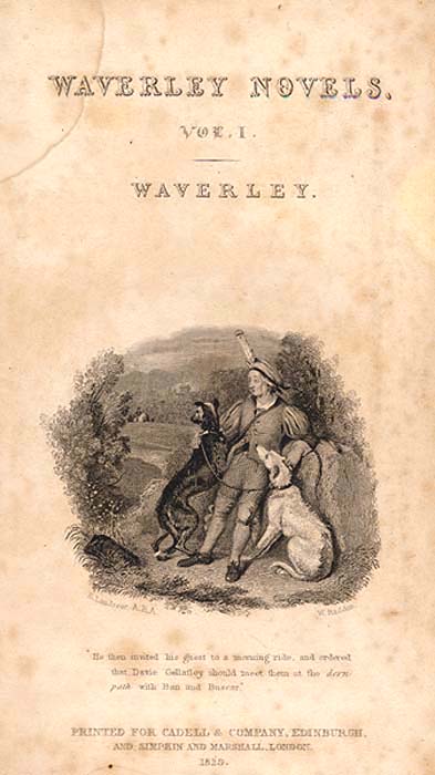 Title page of Vol. I of the Magnum Opus edition with vignette engraving by William Raddon after Edwin Henry Landseer (Corson A.7.a.1829-33/1)