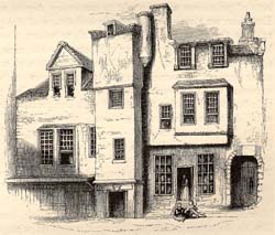 View in the Canongate, drawn by Meikle, engraved by (John or Mason?) Jackson, 1842 (Corson A.7.a.1842)