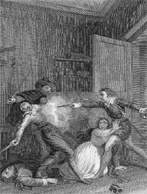 Nigel Encountering the Murderers of Trapbois, drawn by Thomas M. Wright, engraved by John Romney, 1832 (P.3505)