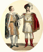Bracy and King John of England, coloured lithograph by Jean-Baptiste-Ambroise-Marcellin Jobard of figures from a masked ball, 1823(SC F 887)