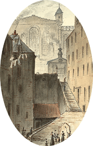 Back Stairs of Parliament House, Edinburgh, 1819, handcoloured pencil drawing by James Skene (Corson MSS)