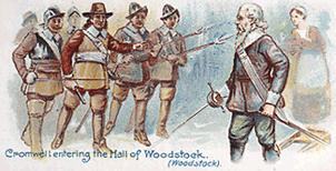 Cromwell enters the Hall of Woodstock, cigarette card by Lambert & Butler, 1904 (Corson Collection)